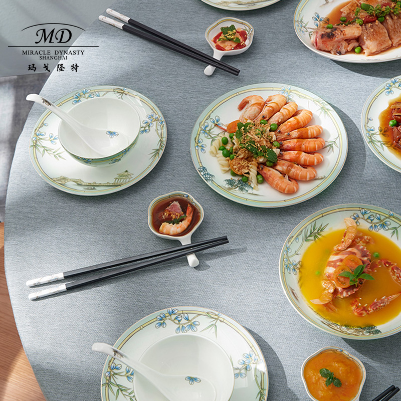 Margolonte Bone Porcelain Tableware Suit West Lake Feast For Home 10 People Chinese Style Light Lavish Bowls Dish Spoon Gift Box