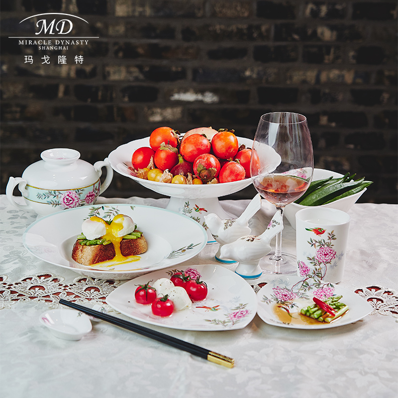 Margolonte Chinese Garden Bone China Tableware Household Parts Bowl Plate Fish Plate Soup Plate Flat Plate Rice Bowl Soup Bowl