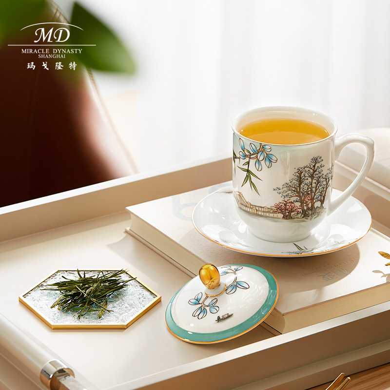 Margolonte Bone Porcelain Mark Cup West Lake Feast With Lid Water Cup Chinese Business Conference Office Courtesy Water Mug