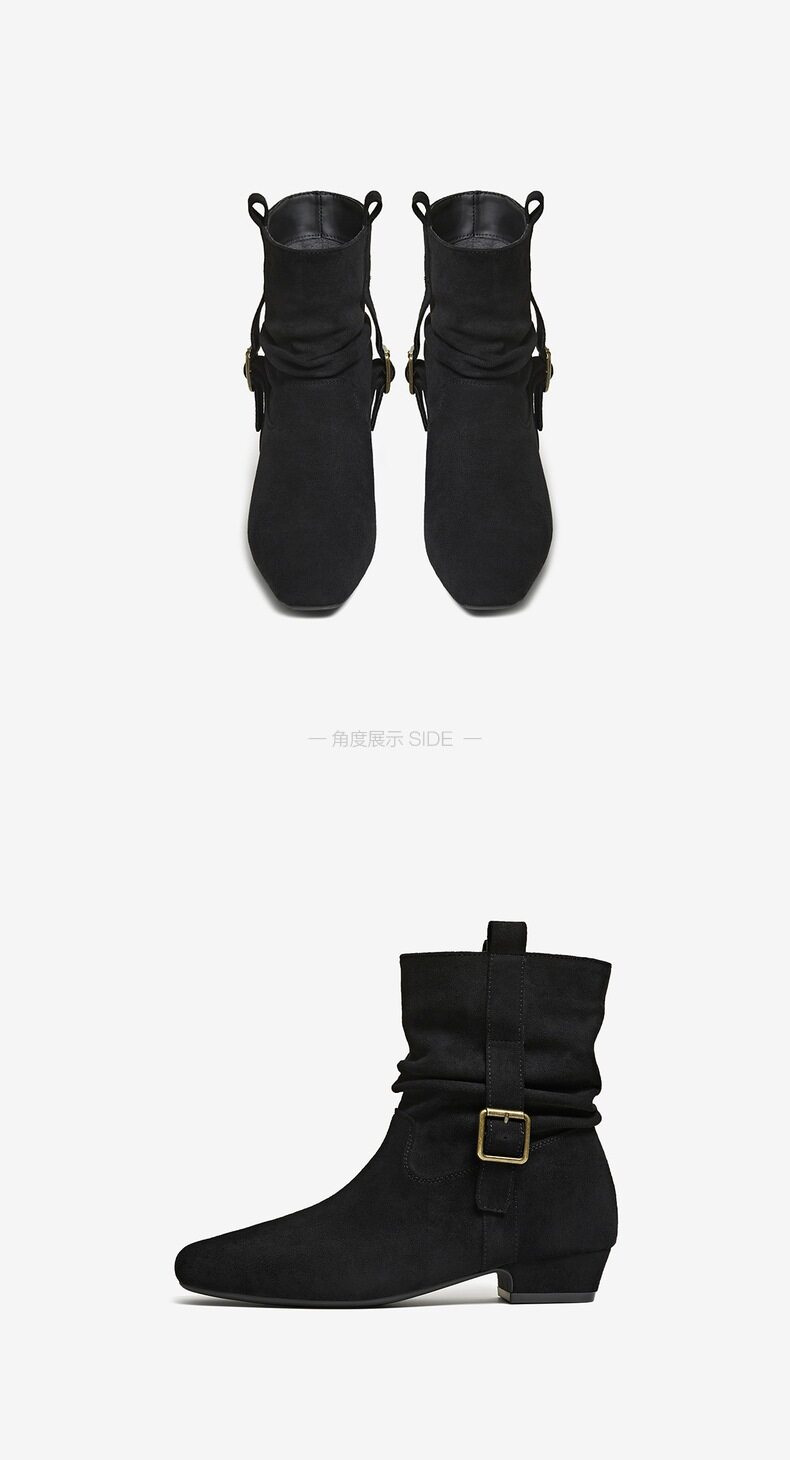 Западные Boots 百思图2025冬季新款时尚复古西部靴方头粗跟女堆堆短靴w0882dz5 BASTO