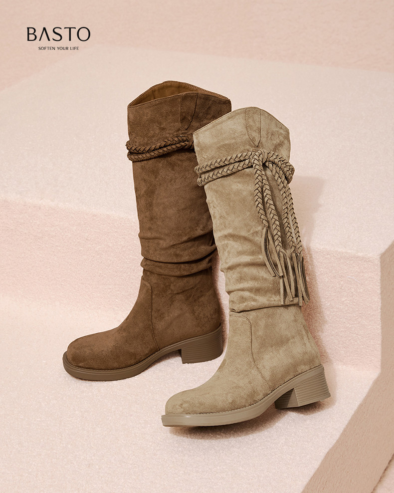 Западные Boots 百思图2025冬季新款时尚复古西部靴堆堆长靴粗跟女高筒靴b9200dg5 BASTO