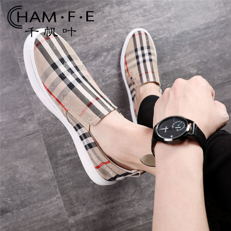 Spring and summer sails shoes men's Korean version breathable one foot pedal sloth lefu shoe plaid casual old Beijing cloth shoes men's board shoes