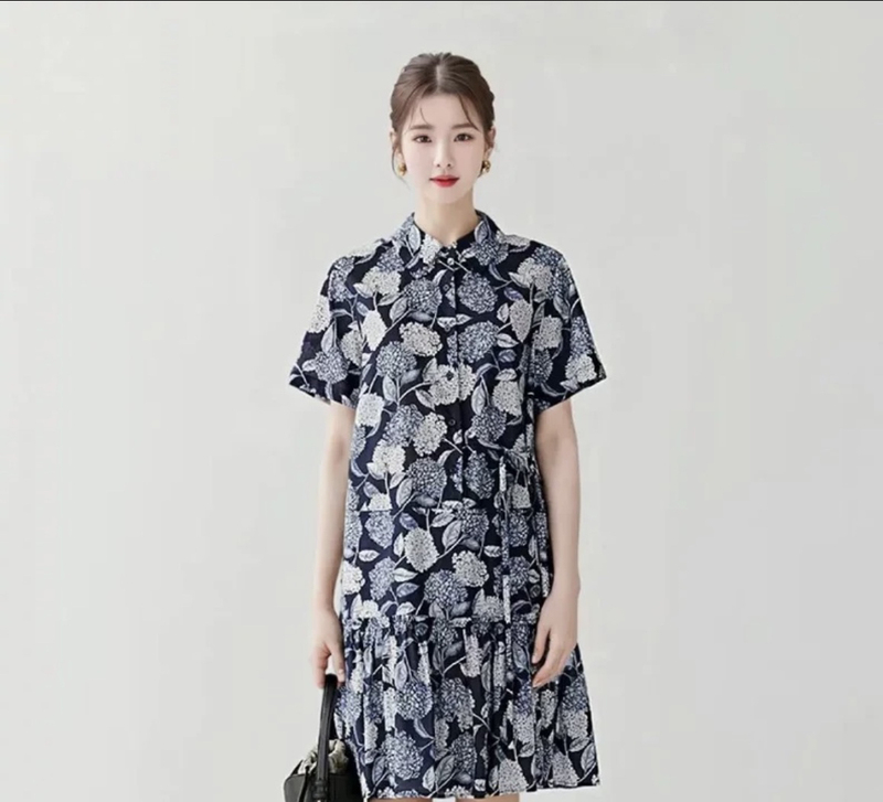 New Product Xiaohe Spring and Summer New Anti-Wrinkle Cotton Short-Sleeved Printed Fabric Mid-Length Dress New Product Xiaohe Spring and Summer New Anti-Wrinkle Cotton Short-Sleeved Printed Fabric Mid-Length Dress