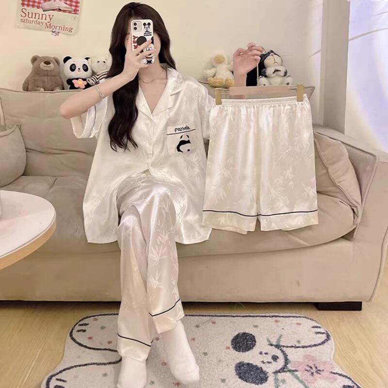 Chinese Style Panda Silk Pajamas for Women, Three-Piece Set, Spring and Autumn Thin Style with Chest Pads, Large Size, Can Be Worn Outside, Mulberry Silk Loungewear