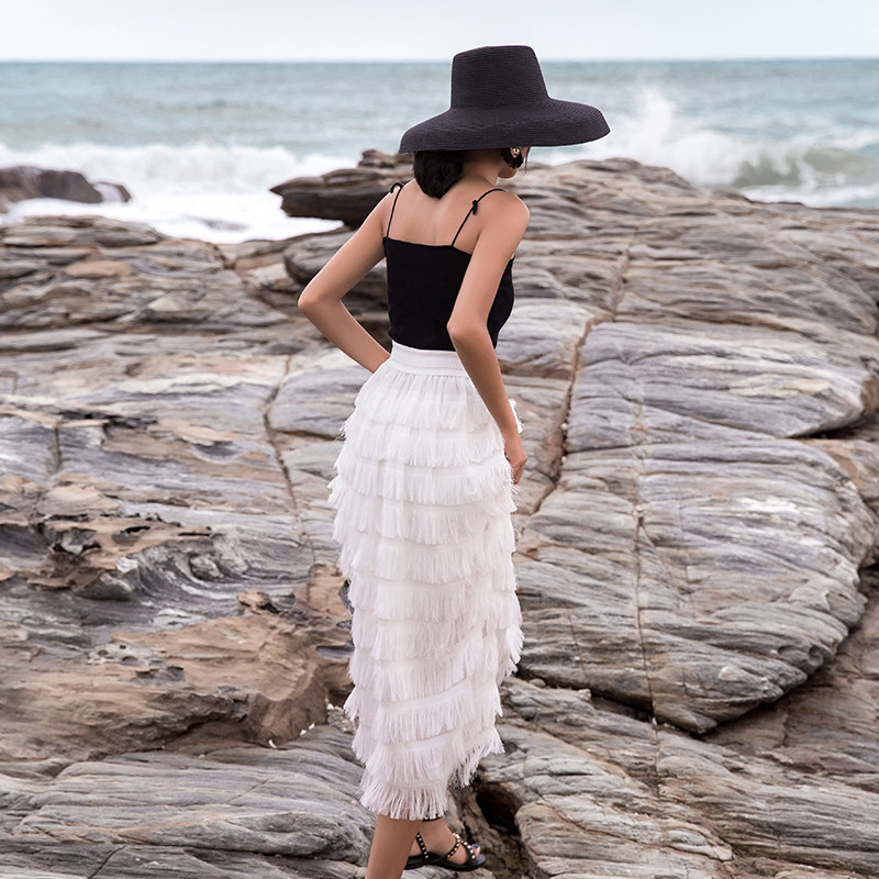 Beach suit women's beach skirt tassel skirt suspender top two-piece super fairy seaside holiday skirt