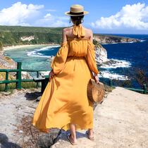 Light yellow long skirt holiday bubble sleeve shoulder dress female Summer Super fairy skirt suitable for travel photo