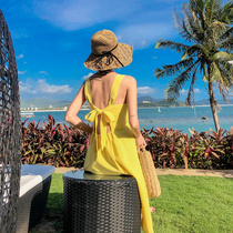 Light yellow beach dress women Summer 2019 new Phuket seaside resort dress Thailand Sanya backless dress fairy