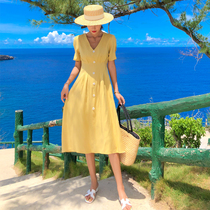 Light yellow long dress beach dress Saipan holiday dress to go to the beach to take pictures of clothes Super fairy dress women