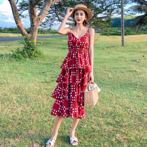 Bali beach dress female seaside holiday dress red polo point chiffon dress female summer Thailand Phuket skirt