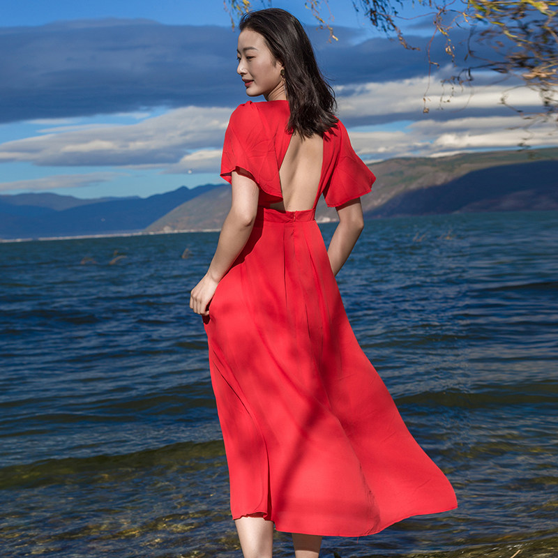 Red Beach Dress Woman Summer 2019 New Beach Long Dress Bohemian Ocean Dress Sanya Seaside Resort Skirt