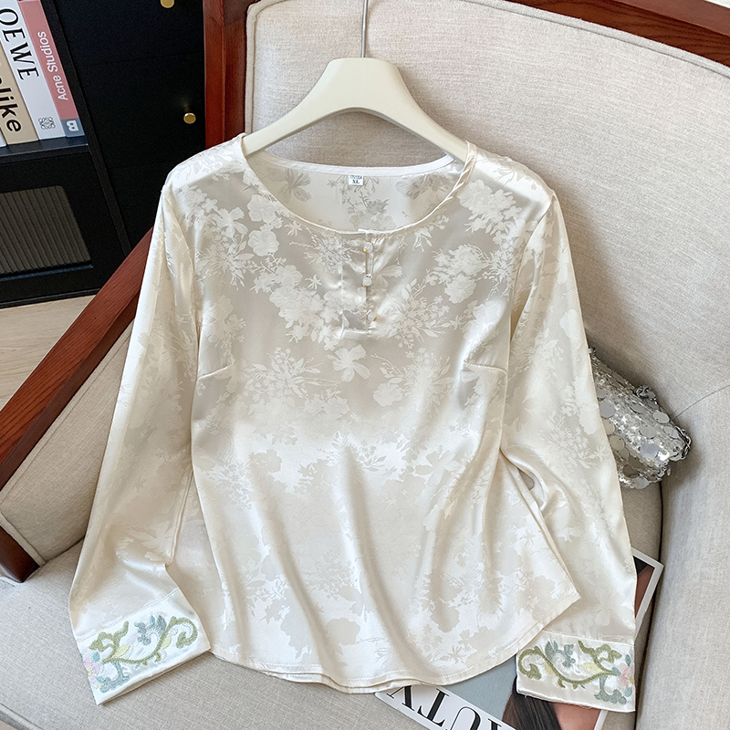 Chinese-Style Embroidered Shirt for Women, Spring and Autumn, Mulberry Silk Satin Jacquard Long-Sleeved Top with Vest, Inner Layer Base Shirt Chinese-Style Embroidered Shirt for Women, Spring and Autumn, Mulberry Silk Satin Jacquard Long-Sleeved Top with Vest, Inner Layer Base Shirt
