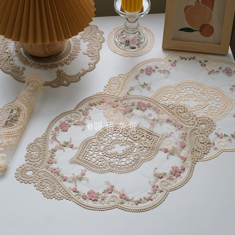 ins style retro lace embroidered table mat French retro pastoral fabric decorative table mat coaster bedside table cloth mat