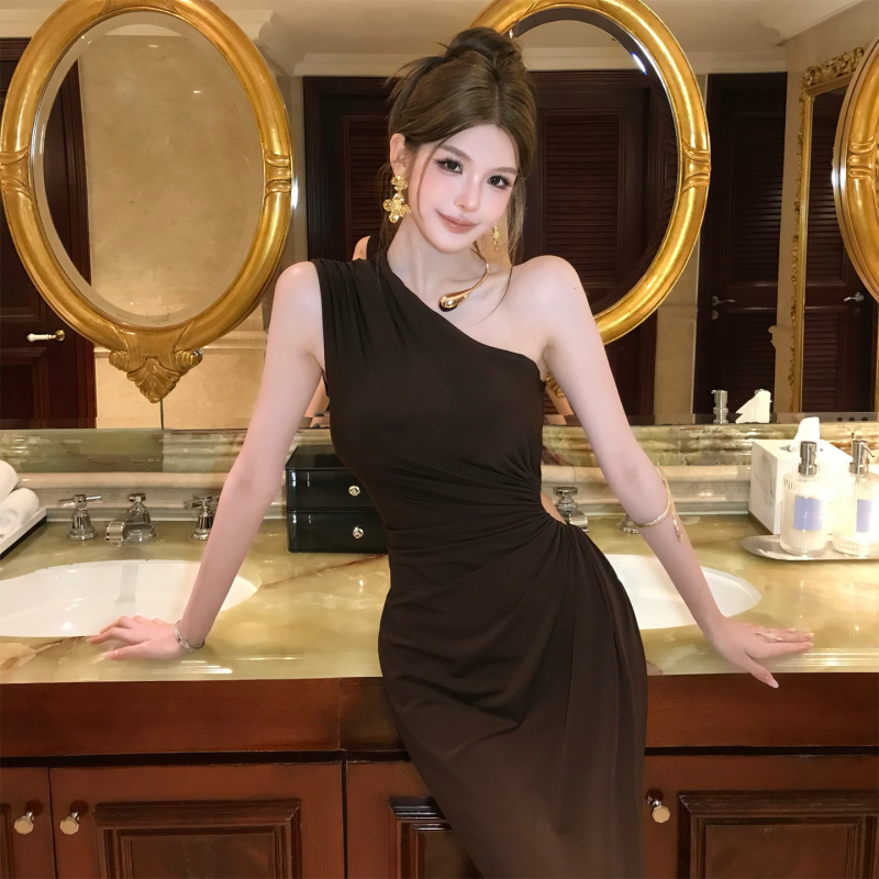 Goddess-Style French Off-Shoulder Hollow-Out Slim-Fit Halter Neck Slimming Long Dress Off-Shoulder Birthday Party Mini Dress