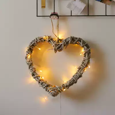 Rattan wall hanging wall decoration pendant Nordic style retro do old heart-shaped LED small lighting room net red shop decoration