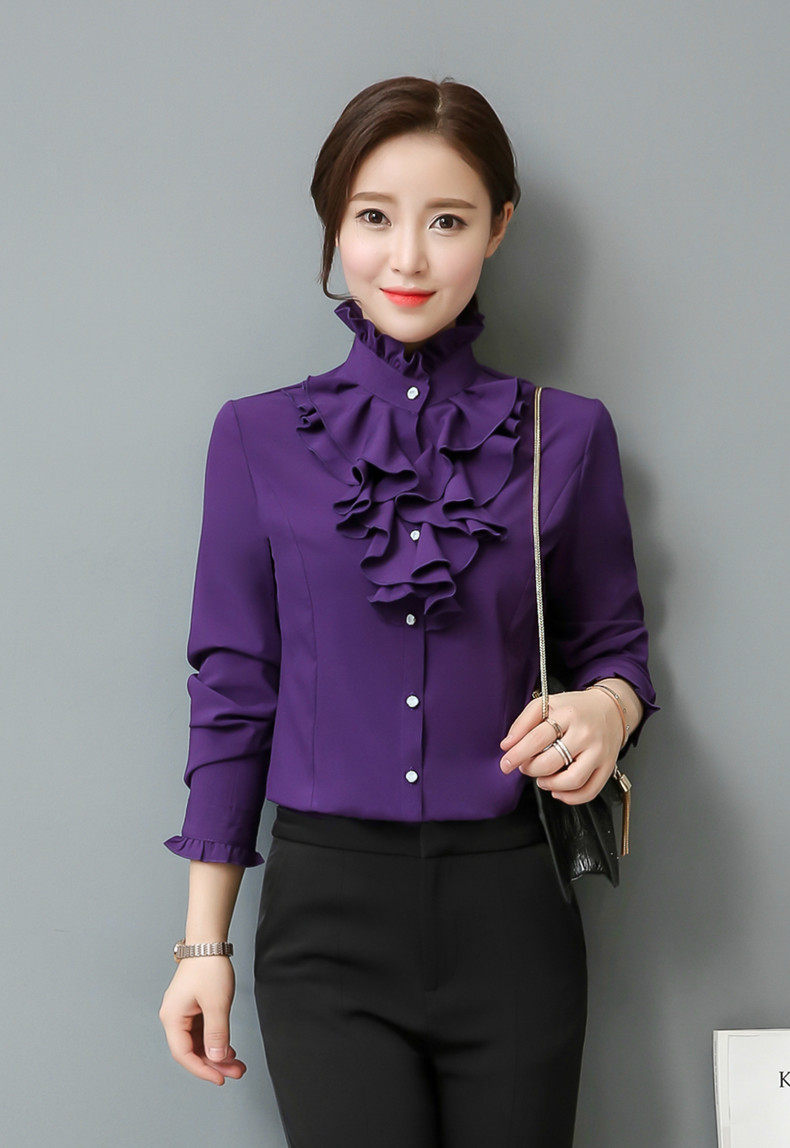 2021 Stand Ruffled Collar Tops Women Formal Long Sleeve Slim Waist Purple White Blouse Office 