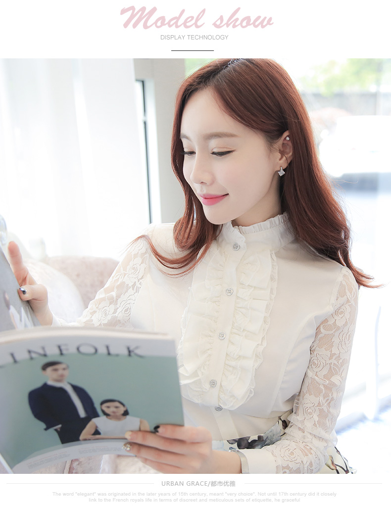 Mùa thu ren ngọt ngào đứng cổ áo sơ mi nữ tay dài Nhiệt độ phiên bản Hàn Quốc của tự trồng cơ sở áo voan hàng đầu áo kiểu công sở