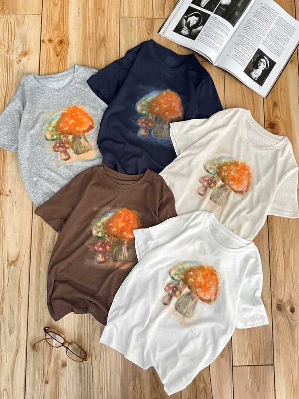 In Stock European and Korean High-End Stylish Age-Reducing Cartoon Mushroom Print Loose Short Casual Short-Sleeved T-Shirt for Women Zw2861 In Stock European and Korean High-End Stylish Age-Reducing Cartoon Mushroom Print Loose Short Casual Short-Sleeved T-Shirt for Women Zw2861