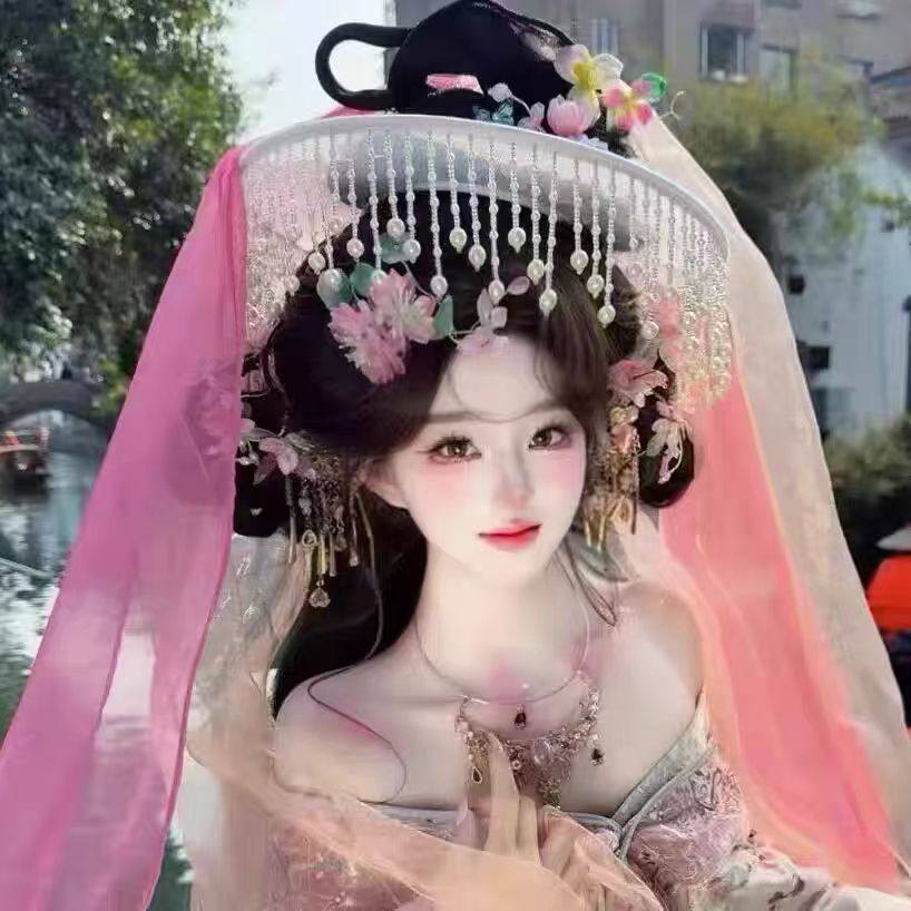 流苏帷帽唐风帷帽汉服斗笠配饰氛围感神器帷帽花神杨柳绿色妆造
