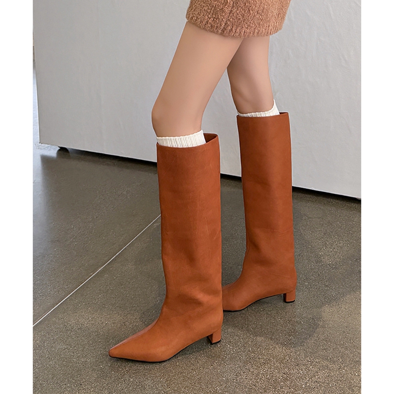 Korean Style Pointed-Toe Wide-Leg Long Boots for Women, Winter Brown Low-Heeled Slimming Versatile Riding Boots Korean Style Pointed-Toe Wide-Leg Long Boots for Women, Winter Brown Low-Heeled Slimming Versatile Riding Boots
