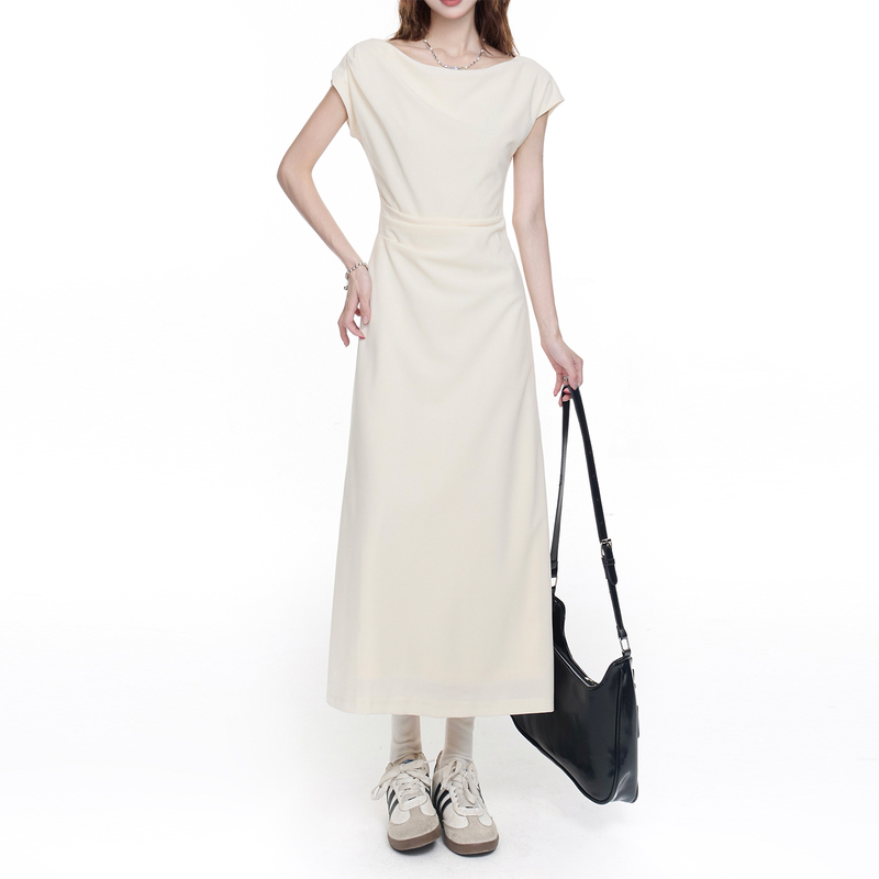 French-Style Apricot-Colored Swing-Neck Short-Sleeve Dress, 2026 Summer New Model, Petite Waist-Cinching Pleated Slimming Elegant Long Dress