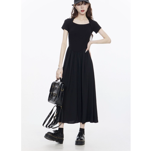 Летнее черное приталенное платье с коротким рукавом, длинная длинная юбка, в корейском стиле, квадратный вырез, подходит для подростков, высокая талия, А-силуэт