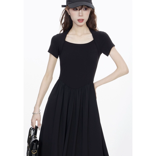 Летнее черное приталенное платье с коротким рукавом, длинная длинная юбка, в корейском стиле, квадратный вырез, подходит для подростков, высокая талия, А-силуэт