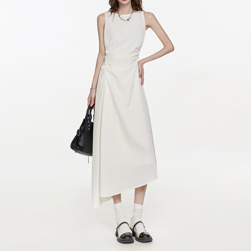 White Asymmetrical Hem Sleeveless Dress for Women 2026 Summer Design, Waist-Cinching, Slimming, Elegant Long Dress