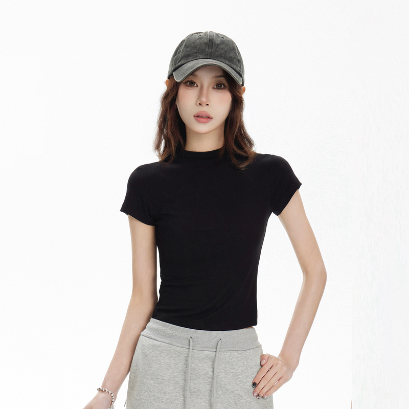 Trendy Black Short-Sleeve T-Shirt for Women, 2026 Summer New Style, Small High Collar, Short, Slim Fit, Regular Shoulder, Inner Layer Top Trendy Black Short-Sleeve T-Shirt for Women, 2026 Summer New Style, Small High Collar, Short, Slim Fit, Regular Shoulder, Inner Layer Top