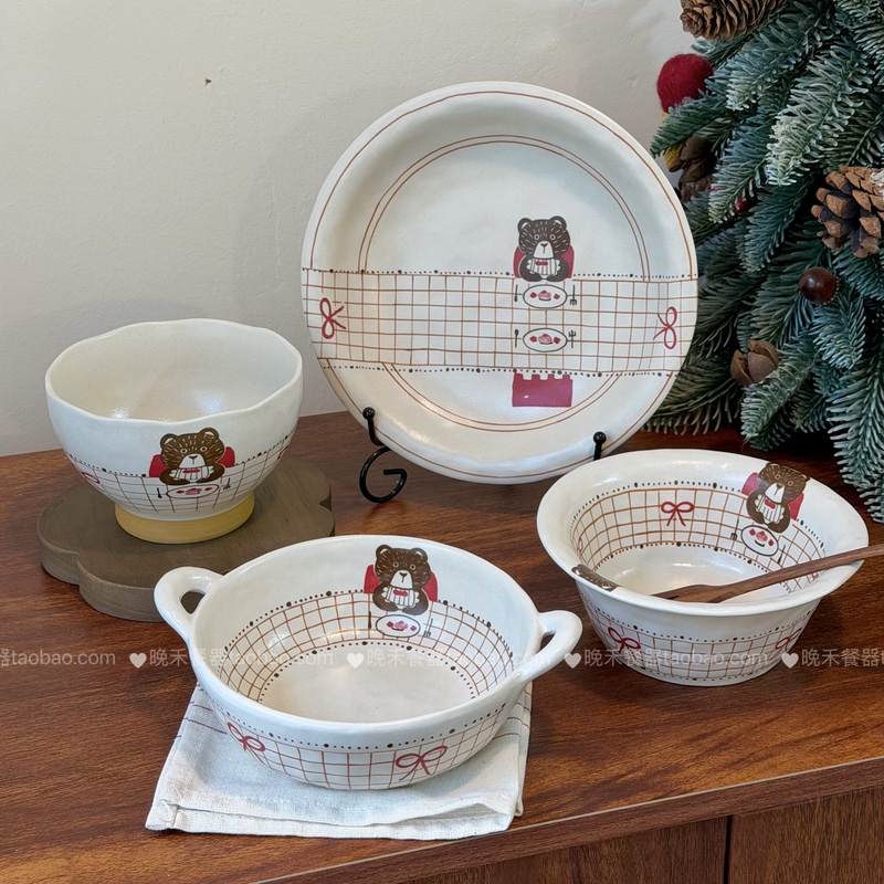 Cute Cartoon Bear Ceramic Tableware Set for Home Use, Underglaze Color Tableware, Rice Bowl, Dessert Plate, Salad Plate Cute Cartoon Bear Ceramic Tableware Set for Home Use, Underglaze Color Tableware, Rice Bowl, Dessert Plate, Salad Plate