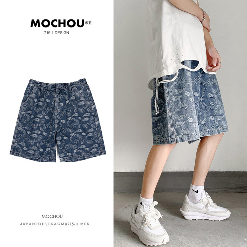 Korean version of ulzzang national wind cashew flower jeans shorts summer tide brand straight loose five-point pants men's tide