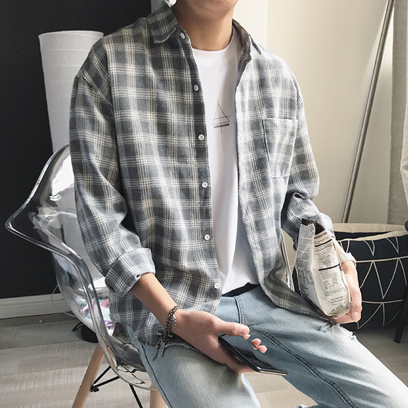 2017秋季新款复古格子男士长袖衬衫潮男青年宽松衬衣韩版寸衫上衣