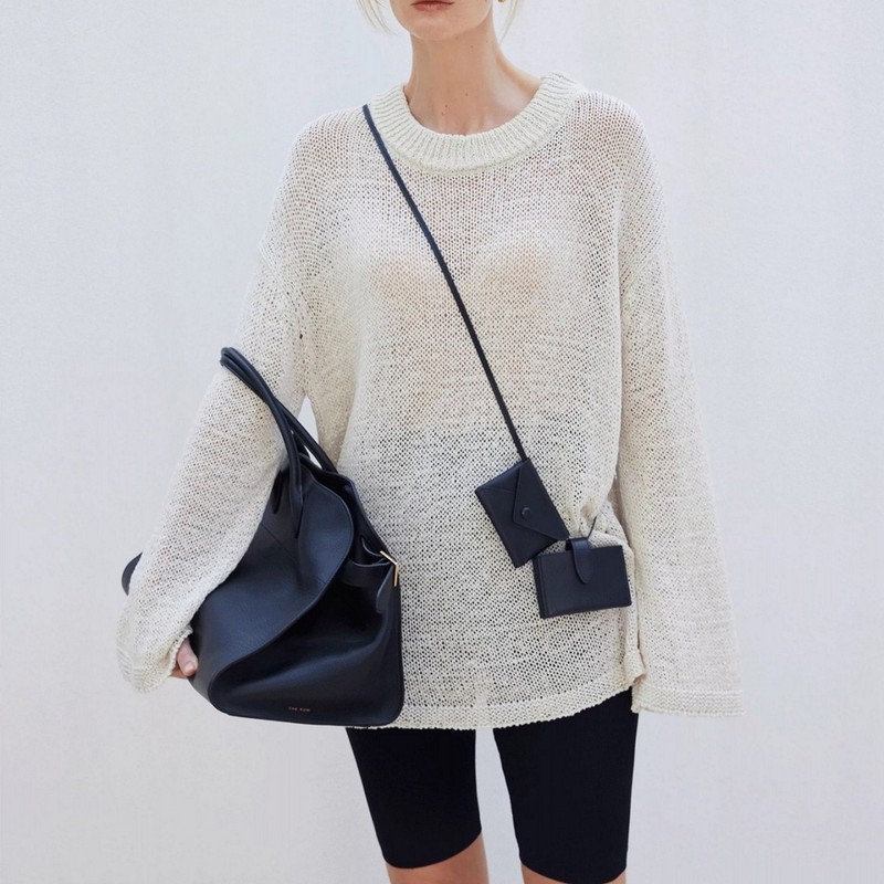 Row Style "Breathable Feel" and Paper Yarn Coarse-Knit Hollow-Out Texture Round-Neck Long-Sleeve Knit Sweater Cover-Up Row Style "Breathable Feel" and Paper Yarn Coarse-Knit Hollow-Out Texture Round-Neck Long-Sleeve Knit Sweater Cover-Up