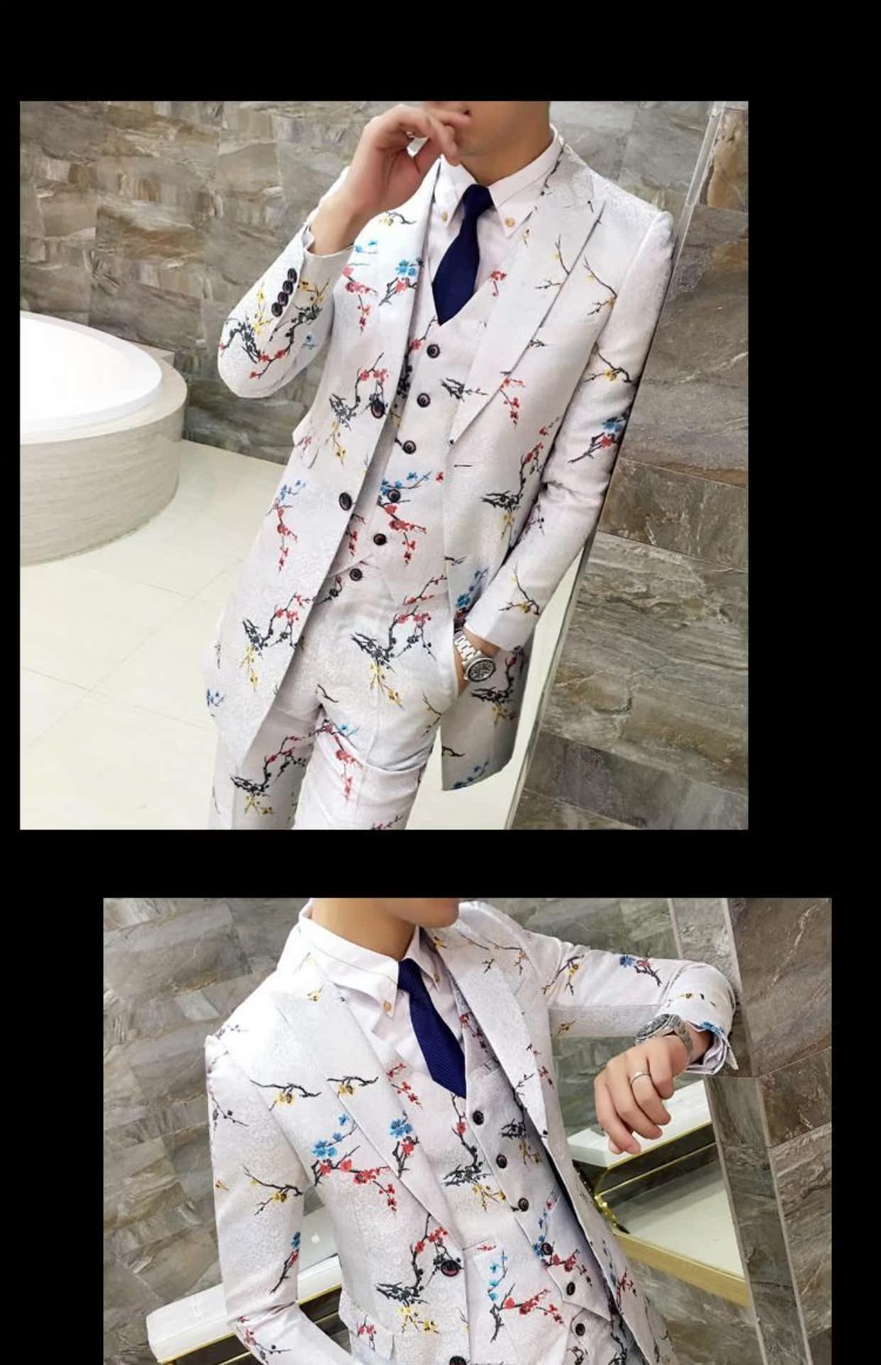 Áo dài họa tiết phù hợp với cá tính nam triều áo mỏng quần vest ba mảnh in Hàn Quốc phù hợp với nam bộ vest nam thời trang