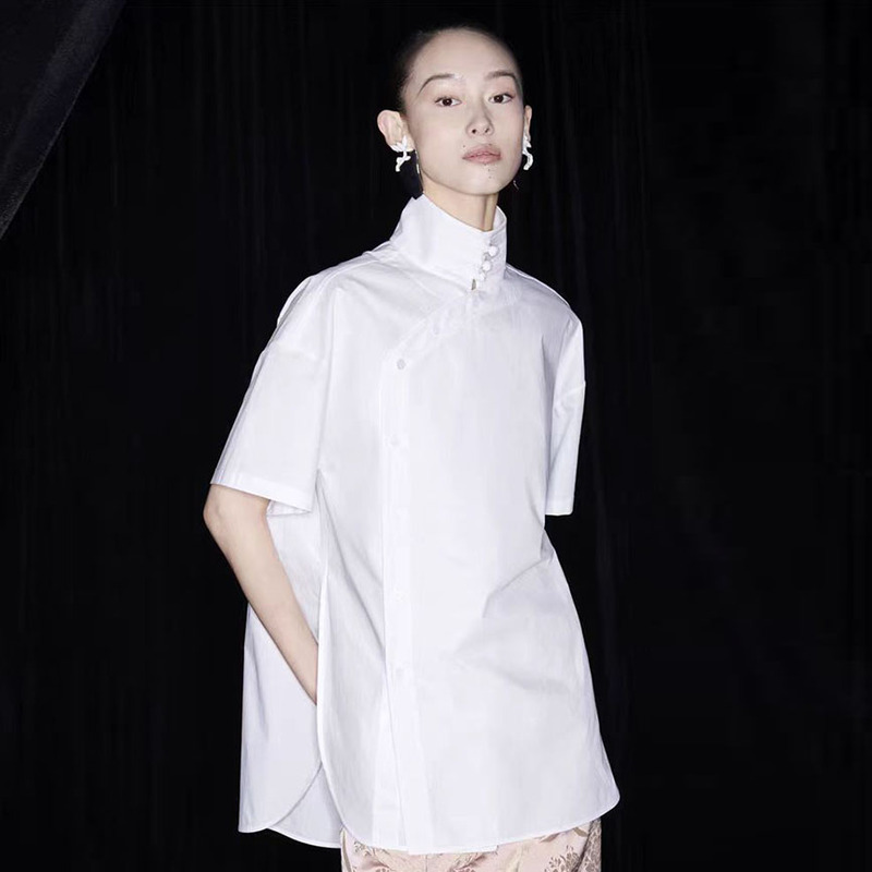 Chinese Style Summer Pure Cotton Original Design New Chinese Style High Collar Partial Placket Short-Sleeved Shirt Top
