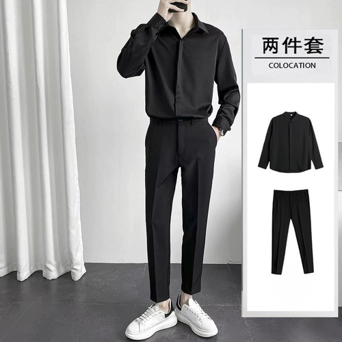 Черный комплект, рубашка для офиса, штаны, цветной костюм, осенний