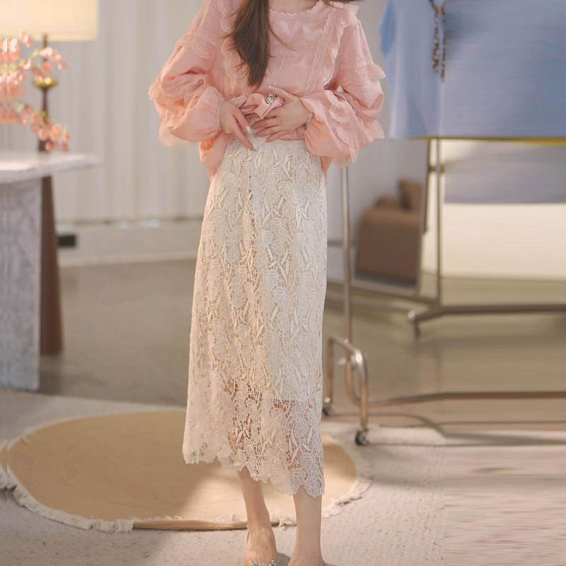 2026 Summer New Style Elegant Hollow Design Elastic Lace Skirt Fashionable Slimming Long A-Line Skirt
