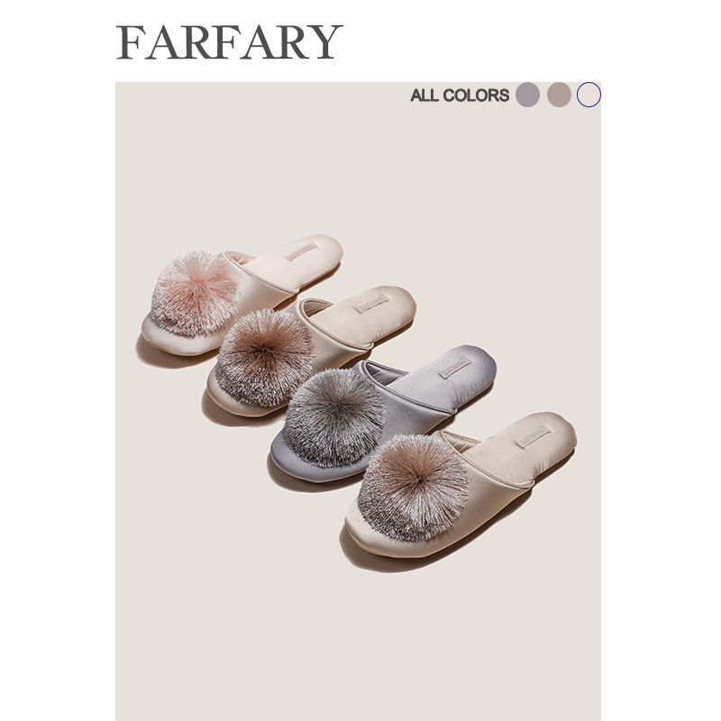 Farfary Sweet Potato Puree Toe-Cap French Satin Slippers for Women, Indoor Home Soft Thick-Soled Non-Slip Satin Tassel Ball Slippers