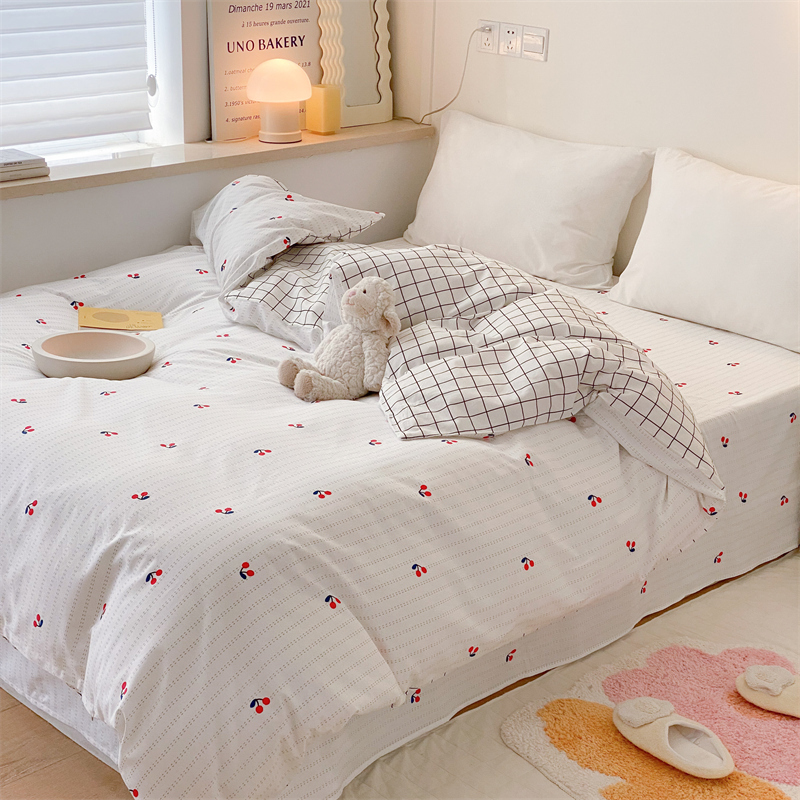 White bottom simple striped girl cherry small fresh cotton twill single quilt cover one piece pure cotton sheet pillowcase
