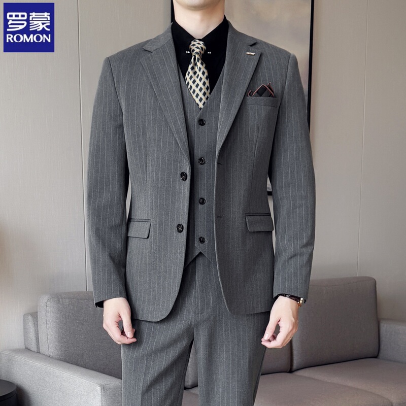 Romon Suit Set for Men, New Striped Wedding Formal Slim-Fit Black Men's Casual Blazer Jacket Romon Suit Set for Men, New Striped Wedding Formal Slim-Fit Black Men's Casual Blazer Jacket