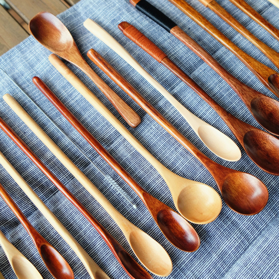 Retro Slim Handle Coffee Stir Spoon Original Wood Color Tie Wood Spoon Creative Leniency Baby Eat Tablespoon