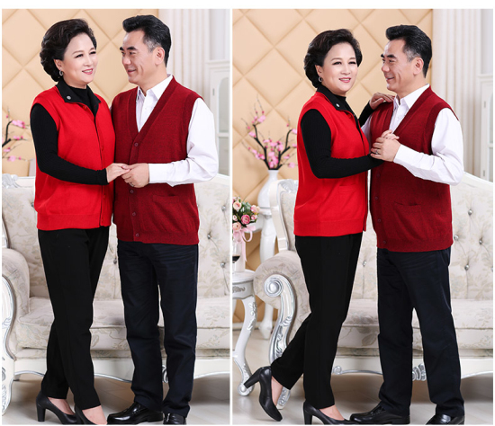 Mùa thu và mùa đông mới trung niên nam nữ len đan vest cashmere dày người yêu tải vest đỏ vest kích thước lớn áo dệt kim tay ngắn