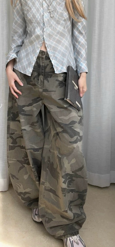 Fansiyu New High-Waisted Slimming Loose Straight-Leg Wide-Leg Camouflage Versatile Hot Girl Denim Pants for Women 61819