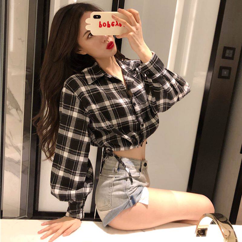 Hong Kong style drawstring long-sleeved plaid shirt autumn new vintage loose short single breasted shirt umbilical top women