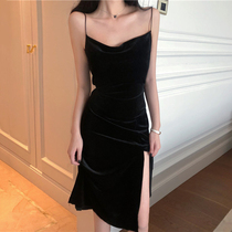 Retro long sling small black dress women autumn and winter 2021 new fashion temperament slim slim skirt women tide