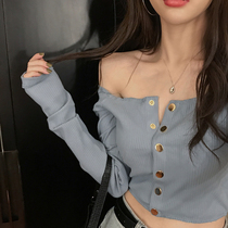 Sexy shoulder strapless temperament cardigan coat women autumn and winter 2021 New wear short slim long sleeve T-shirt