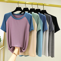 Womens short-sleeved t-shirt spring and summer modal thin section large size round neck slim cotton summer contrast color half-sleeved T-shirt top