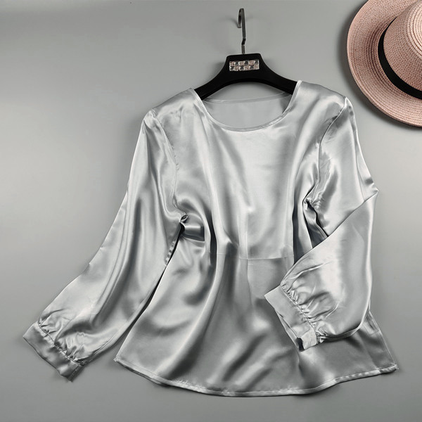 New Style Nine-Point Long-Sleeve Pure Silk Shirt, Simple Round Neck Ol Mulberry Silk Plain Crepe Satin Top, Pullover T-Shirt, Versatile