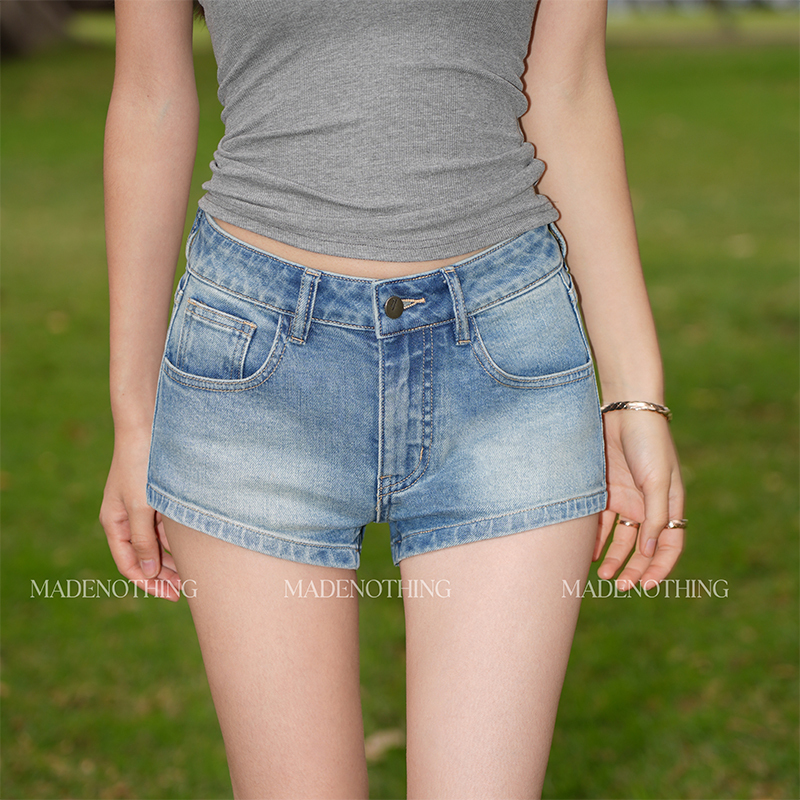 Made Nothing Mid-Waist Ss001 Stretchy Comfortable Classic Hip-Hugging Retro Blue Denim Hot Pants Shorts for Women