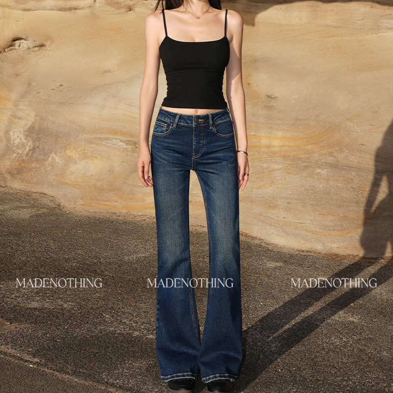 Made Nothing Mr100 Retro Dark Blue High-Elastic Stretch Mid-Waist Slightly Flared Floor-Length Jeans for Women