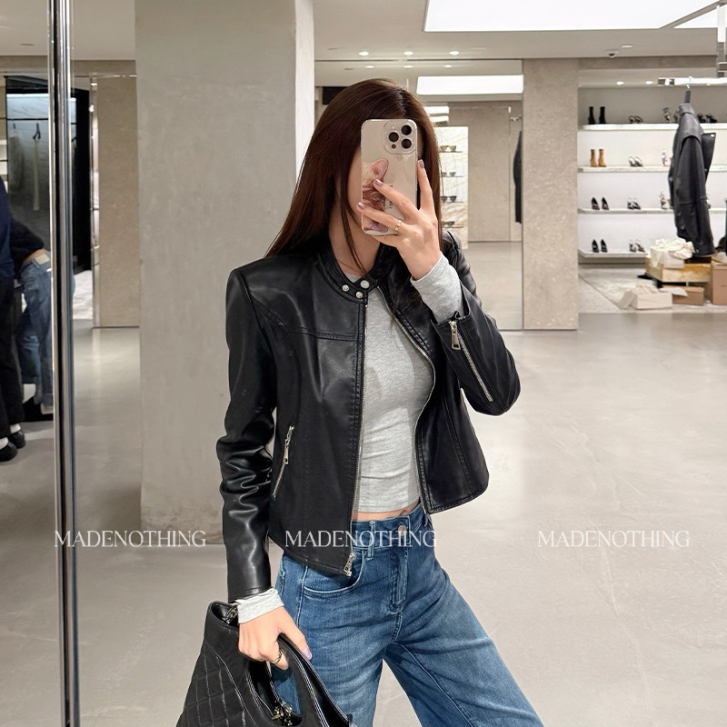 Made Nothing Leather Jacket 005 Classic Autumn Black Simple Slim Fit Vintage Motorcycle Zipper Jacket for Women